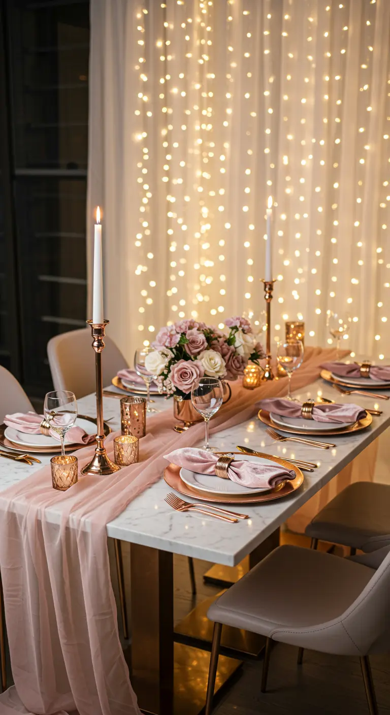 Romantische tafel met roze loper en roségouden details voor een lichtgordijn.