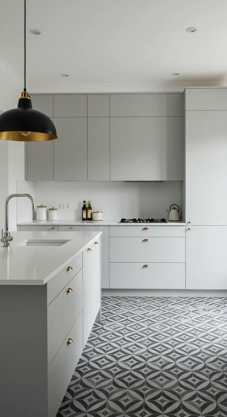 Matte lichtgrijze kasten met geometrische patroon vloertegels en gouden accenten.