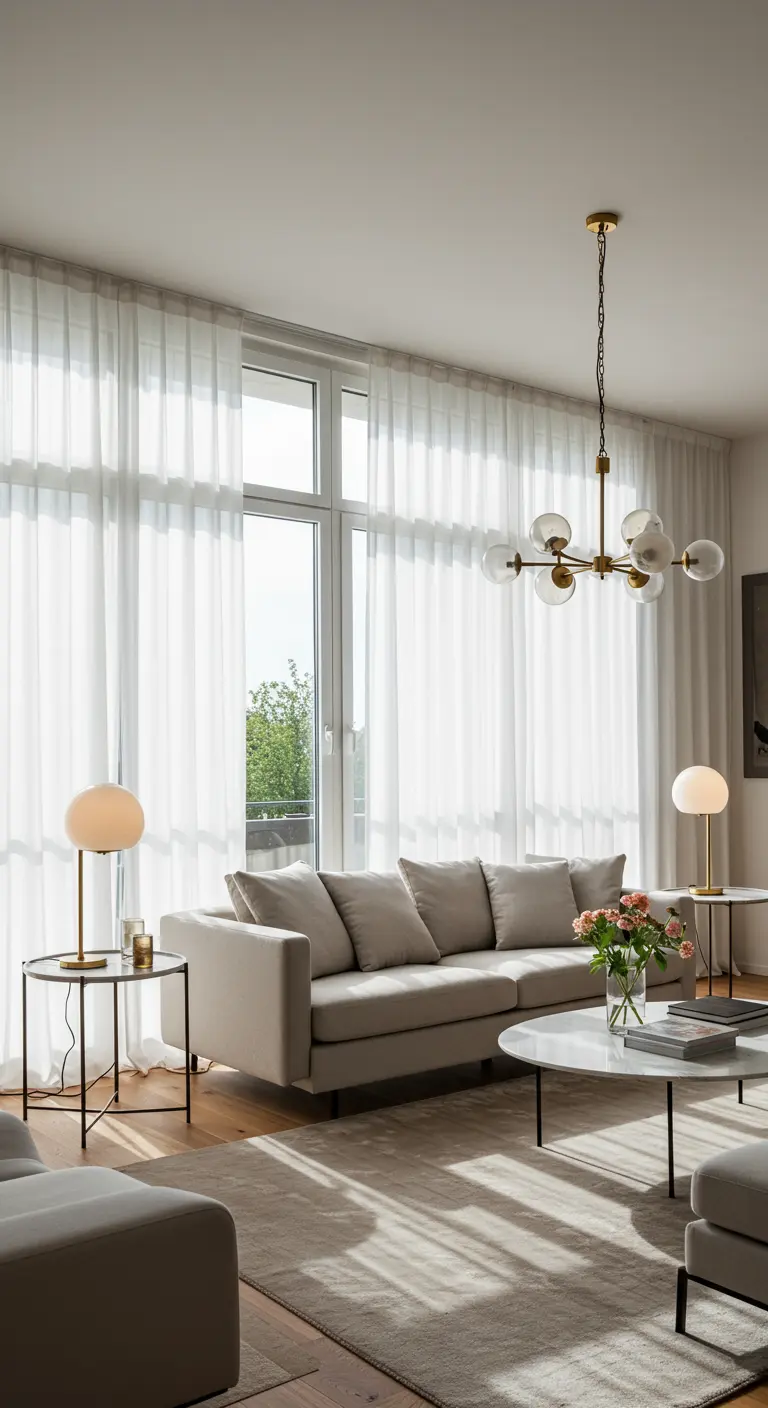 Lichte woonkamer met dunne gordijnen, een gouden sputnik-kroonluchter en twee tafellampen.