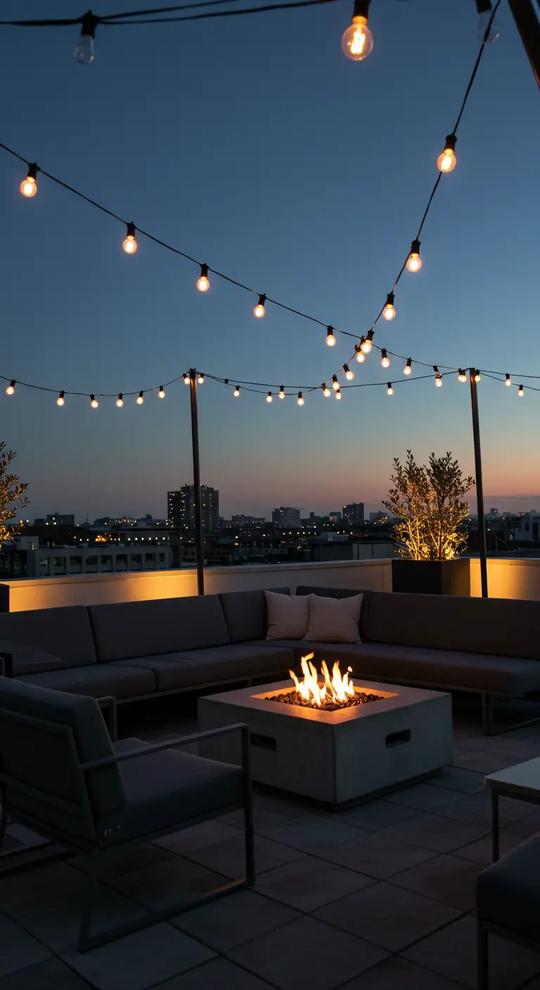 Dakterras met loungebanken, een vuurplaats en lichtslingers tegen de avondlucht.