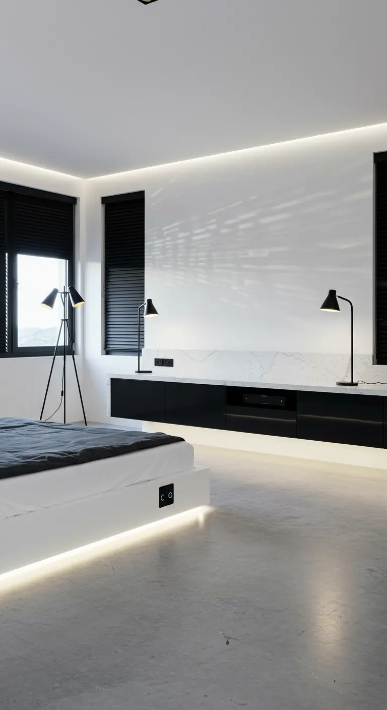 Moderne slaapkamer met wit bed, verborgen LED-verlichting, zwarte jaloezieën en marmeren plank.
