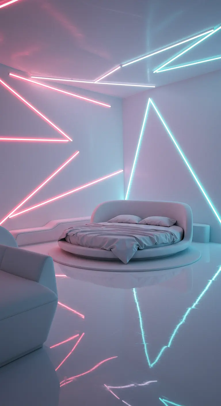 Futuristische witte slaapkamer met roze en blauwe neon lichtlijnen op de muren en het plafond.