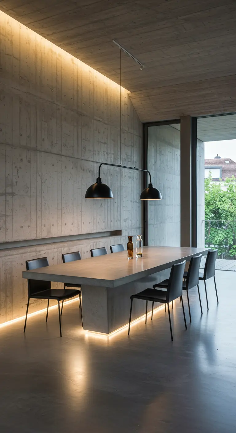 Moderne eetkamer met betonnen tafel, zwarte stoelen en subtiele LED-verlichting.