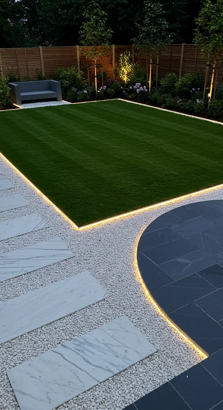 Tuinontwerp waar een ledstrip de rand van het gazon en een rond terras volgt.