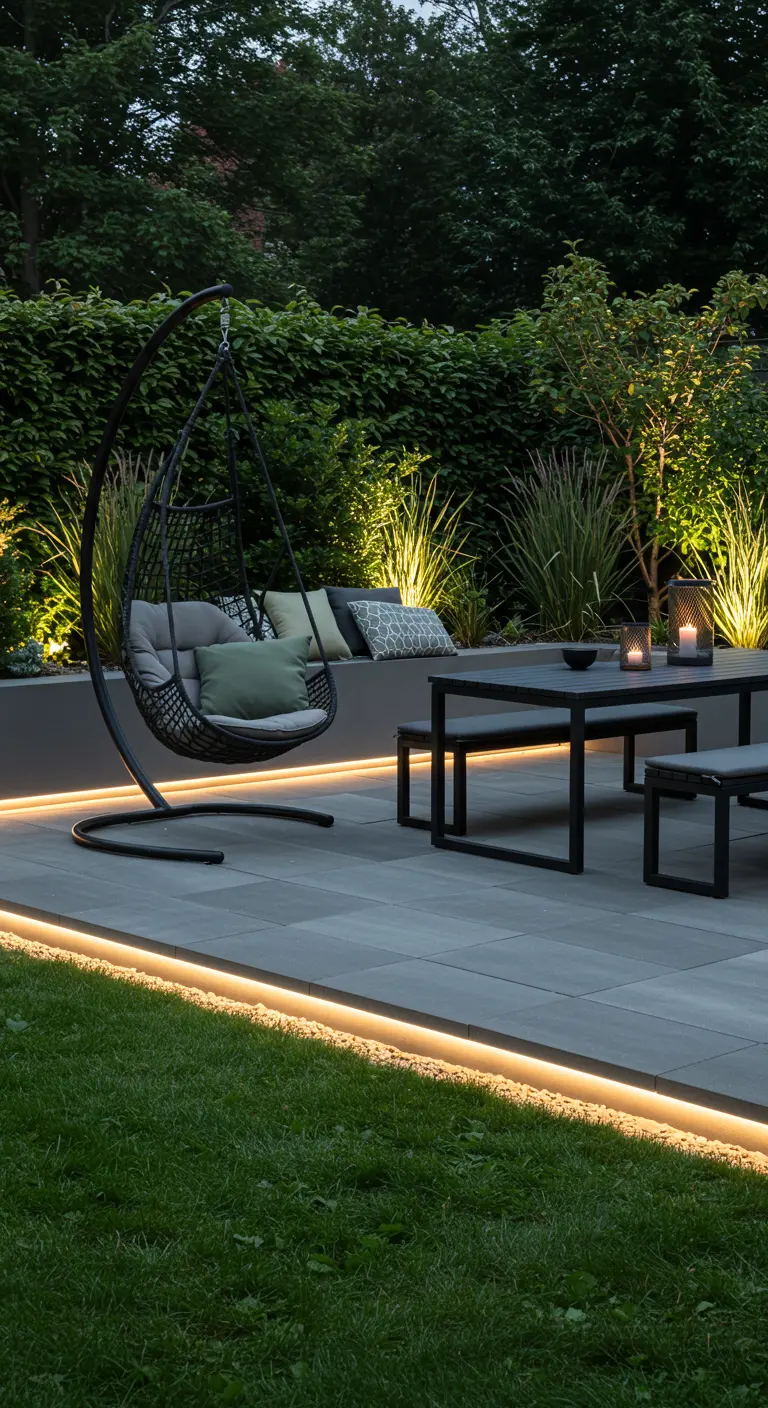 Moderne patio met hangstoel, picknicktafel en LED-strip verlichting.