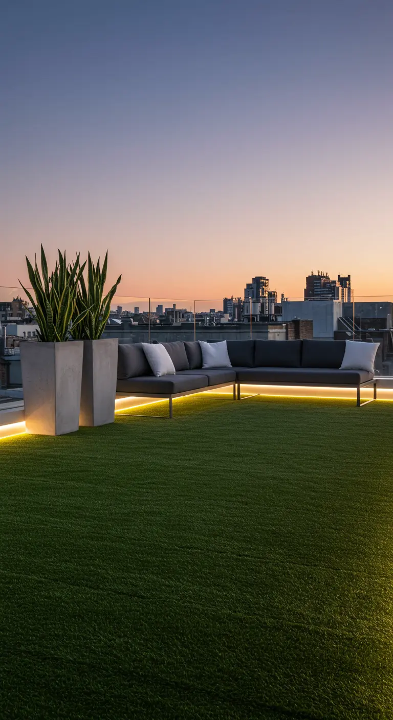 Dakterras met kunstgras en een loungebank, verlicht door LED-strips bij zonsondergang.