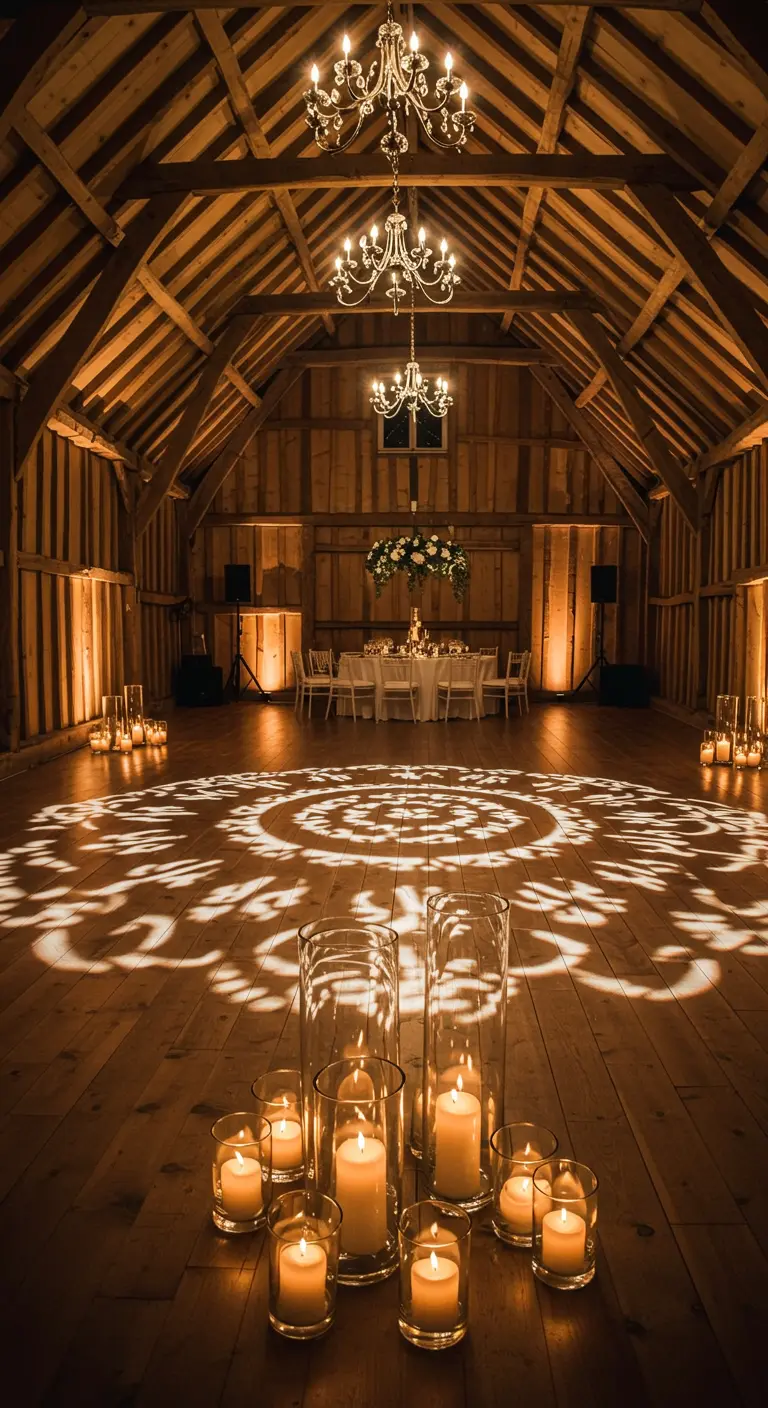 Houten dansvloer in een schuur, verlicht met een sierlijk lichtpatroon en kaarsen.