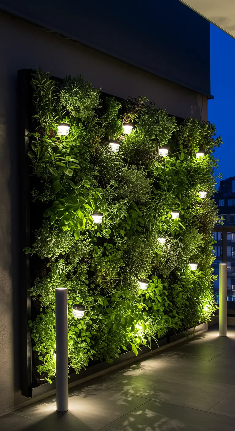 Een verticale plantenwand op een balkon, 's nachts verlicht door kleine, ingebouwde spotjes.