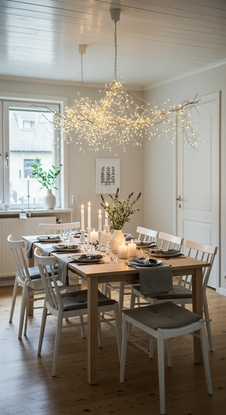 Eettafel met daarboven een hangende tak omwikkeld met talloze kleine lichtjes.