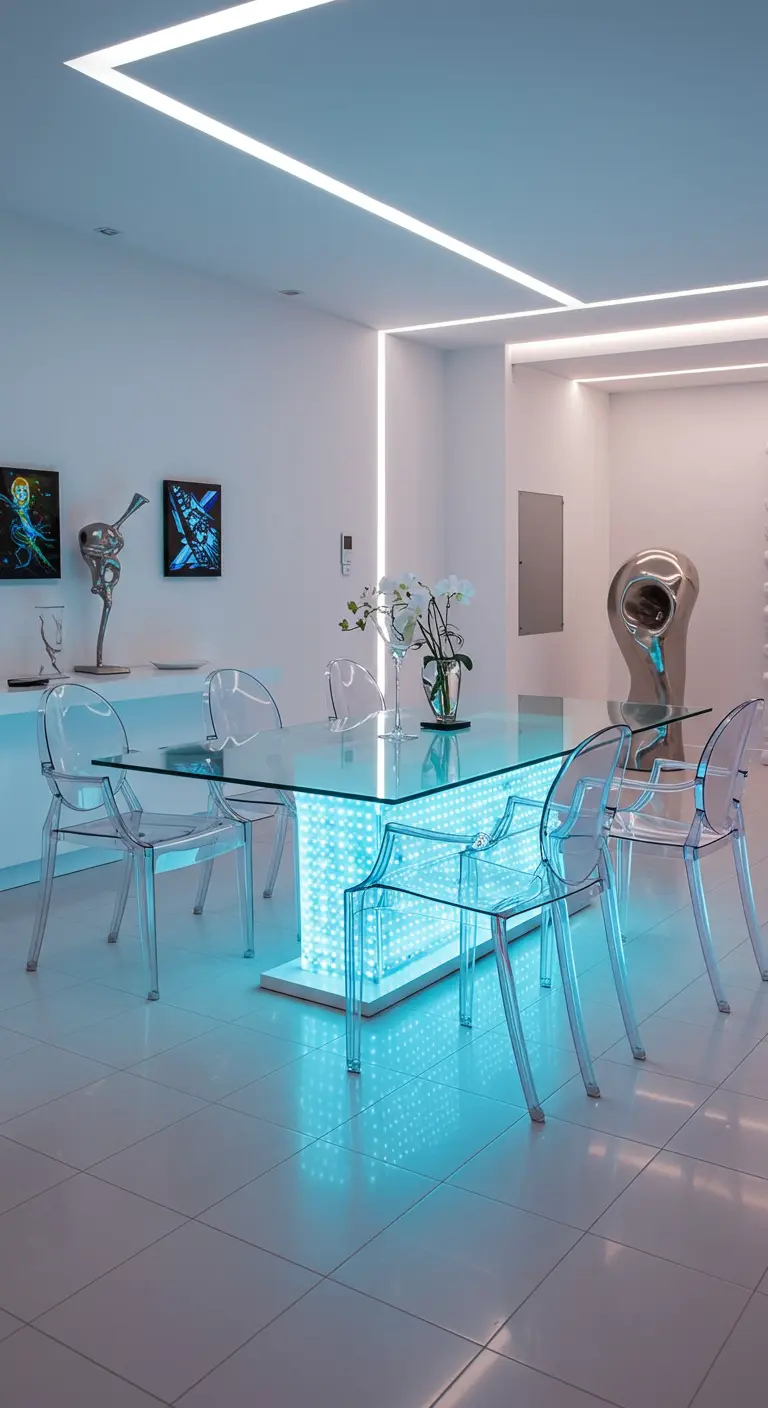Futuristische eetkamer met glazen tafel met blauwe LED-verlichting en transparante stoelen.