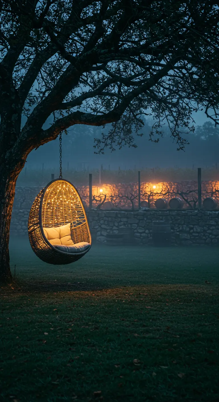 Rieten hangstoel met lichtsnoer hangend aan boom in mistig landschap met stenen muur en vaten.