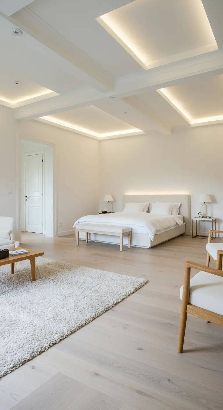 Ruime slaapkamer met wit interieur, indirecte plafondverlichting, houten vloer en wit vloerkleed.