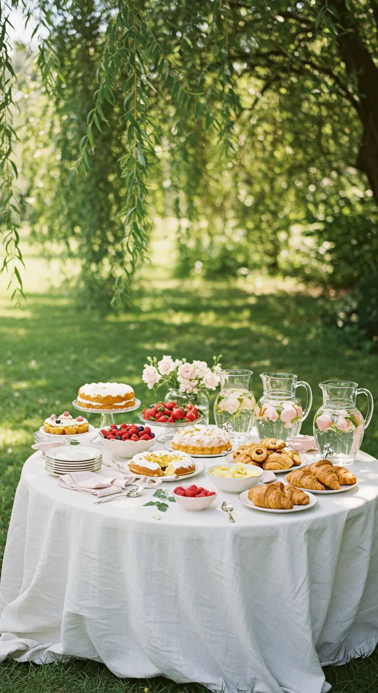 Zomerse buffettafel in een tuin met taarten, fruit en croissants.