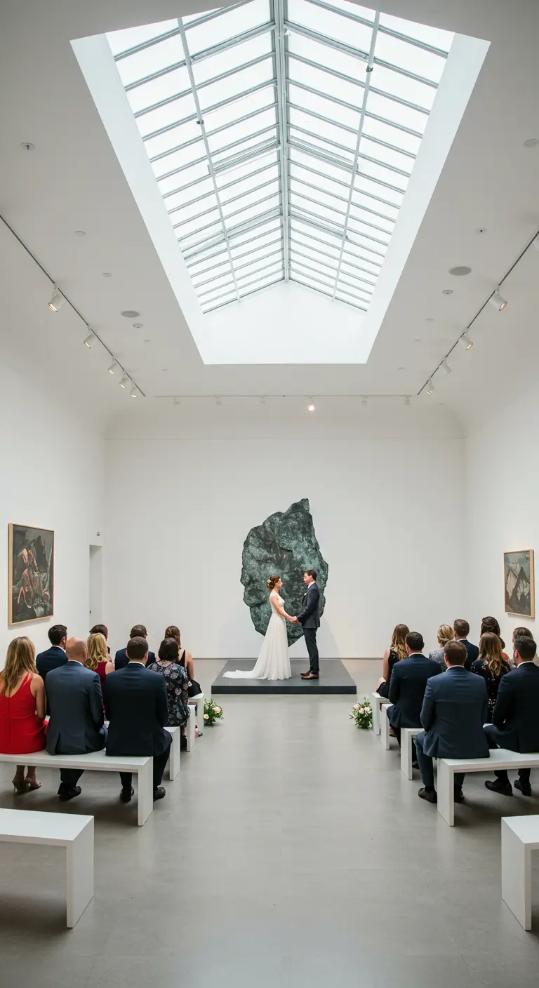 Bruidspaar geeft ja-woord in een minimalistische museumzaal voor een groot abstract sculptuur.