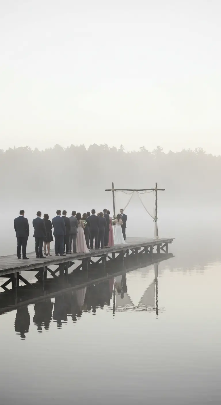 Intieme ceremonie op een mistige steiger aan een meer, met een simpele houten boog.