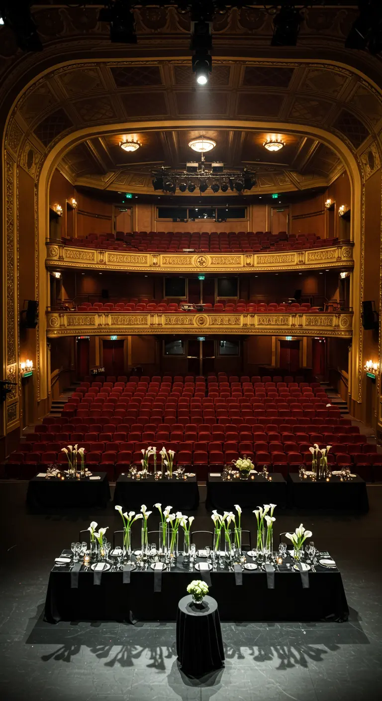 Dinertafels op een theaterpodium, uitgelicht en gedecoreerd met witte Calla lelies.