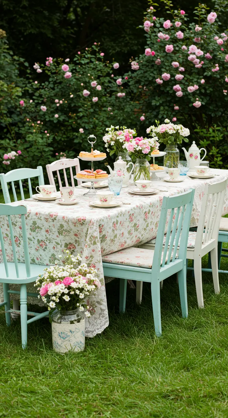 Theetafel in een tuin met pastelkleurige, verschillende stoelen en bloemmotieven.