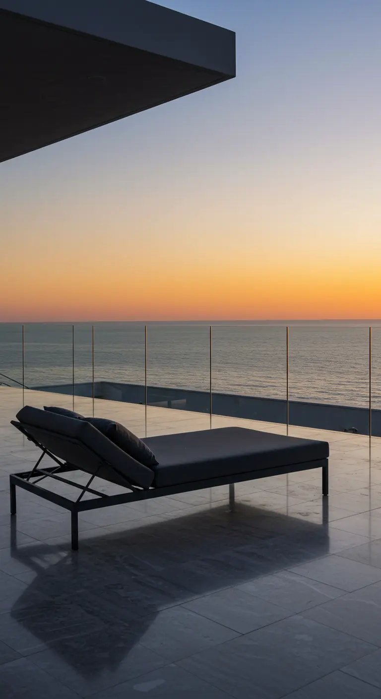 Modern daybed op een minimalistisch terras met glazen balustrade en zeezicht bij zonsondergang.