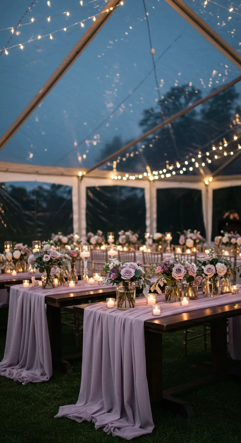 Houten tafels met lila lopers, paarse en witte bloemen en kaarsen onder een tent met lichtjes.
