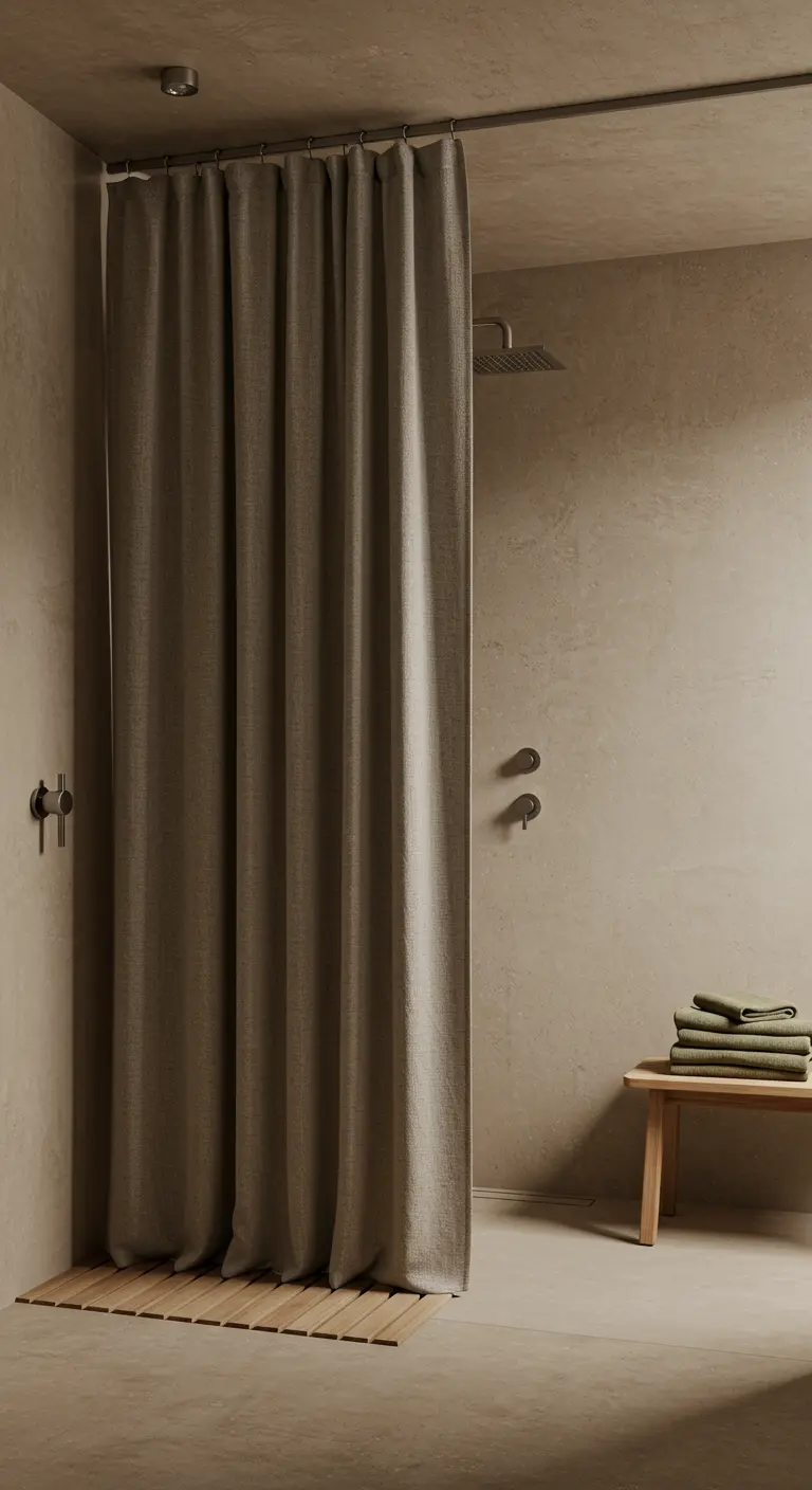 Minimalistische inloopdouche met beige muren en een lang, taupekleurig linnen douchegordijn.