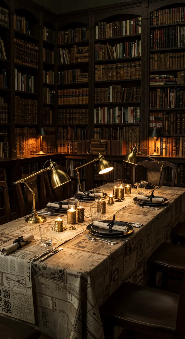 Tafel gedekt in een bibliotheek, met bureaulampen en een tafelkleed met tekstprint.