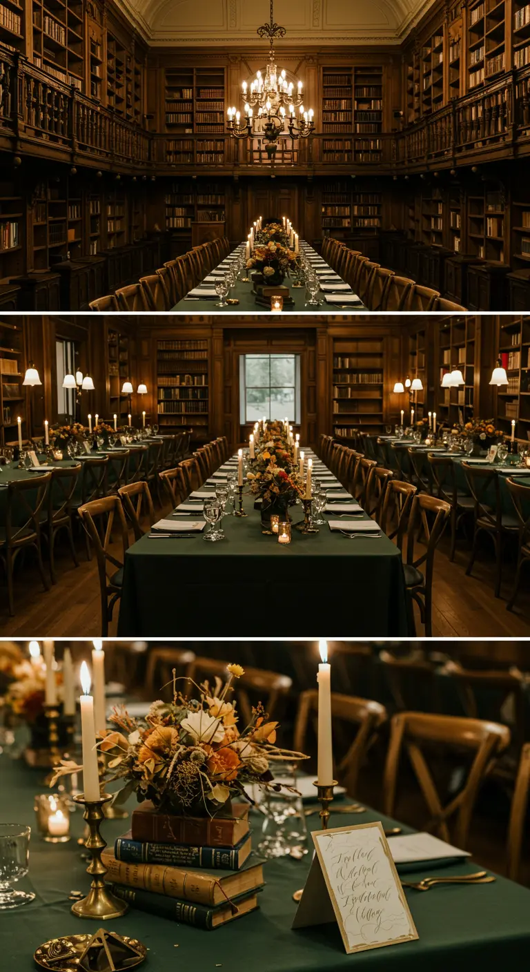 Collage van een diner in een bibliotheek, met tafels gedecoreerd met boeken en kaarsen.