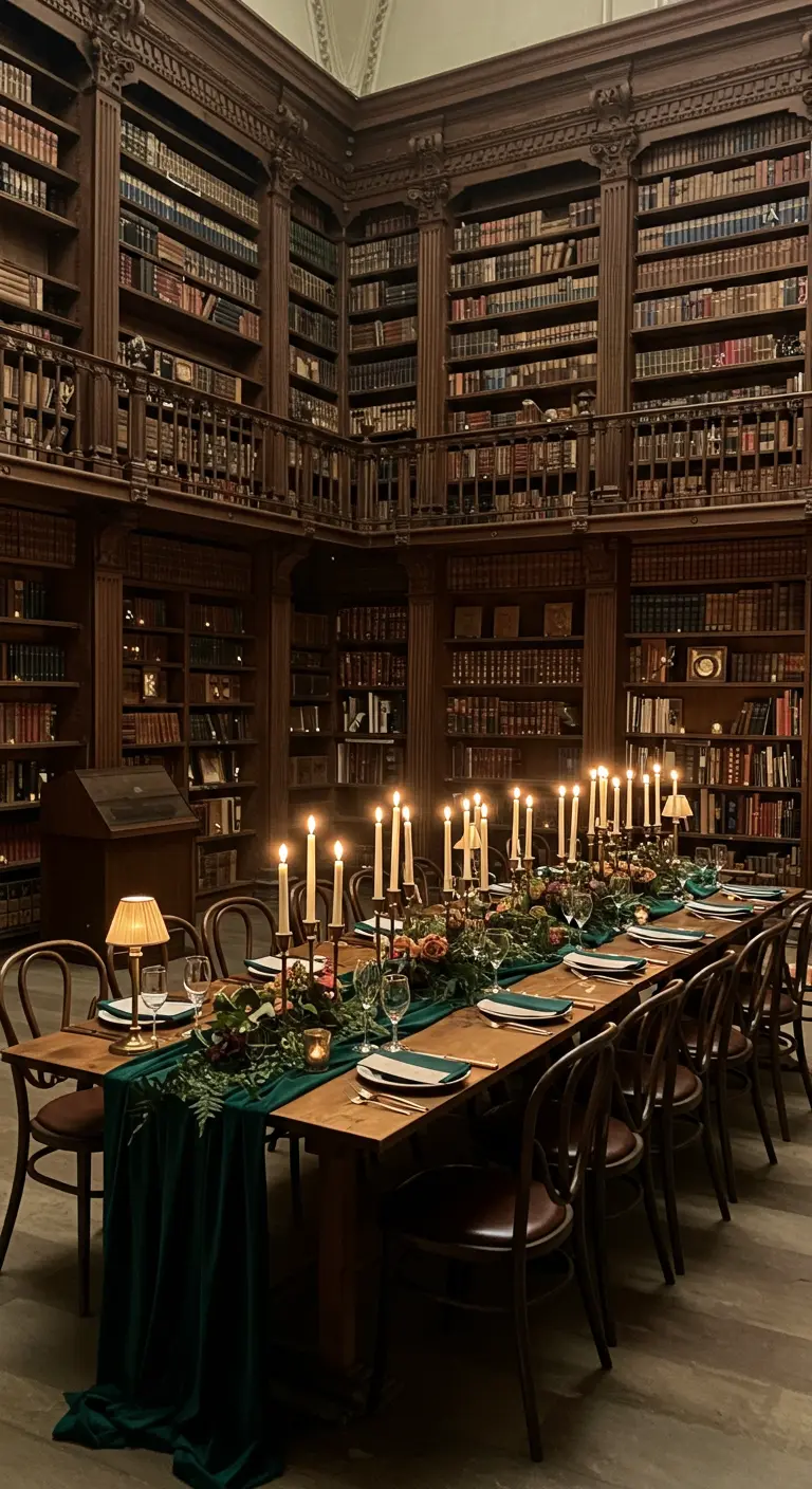 Lange dinertafel in een klassieke bibliotheek, verlicht door talloze kaarsen.