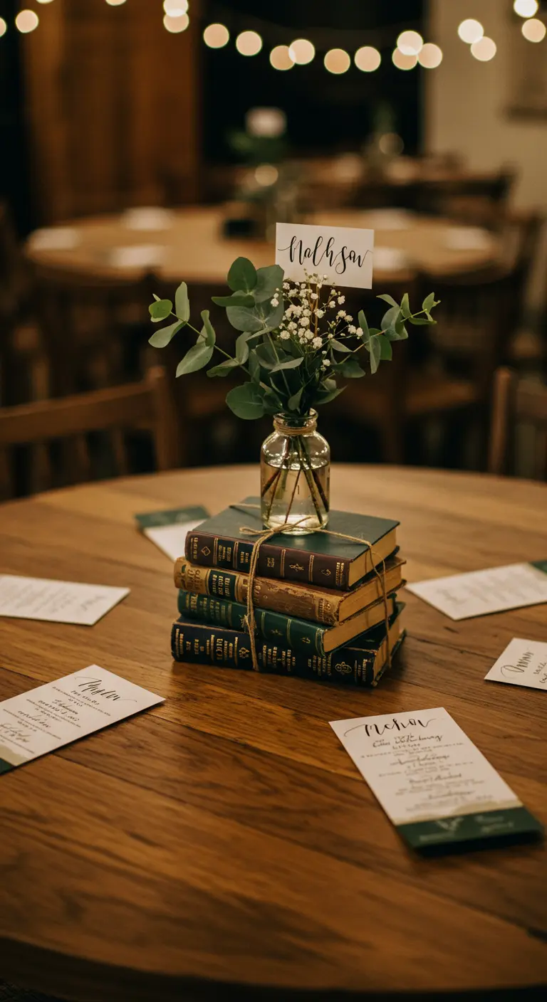Centerpiece van gestapelde vintage boeken met een vaasje met eucalyptus en gipskruid.