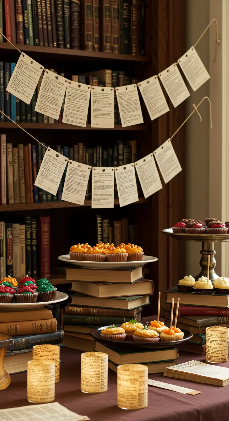Buffettafel met boeken en een slinger van tekstpagina's.