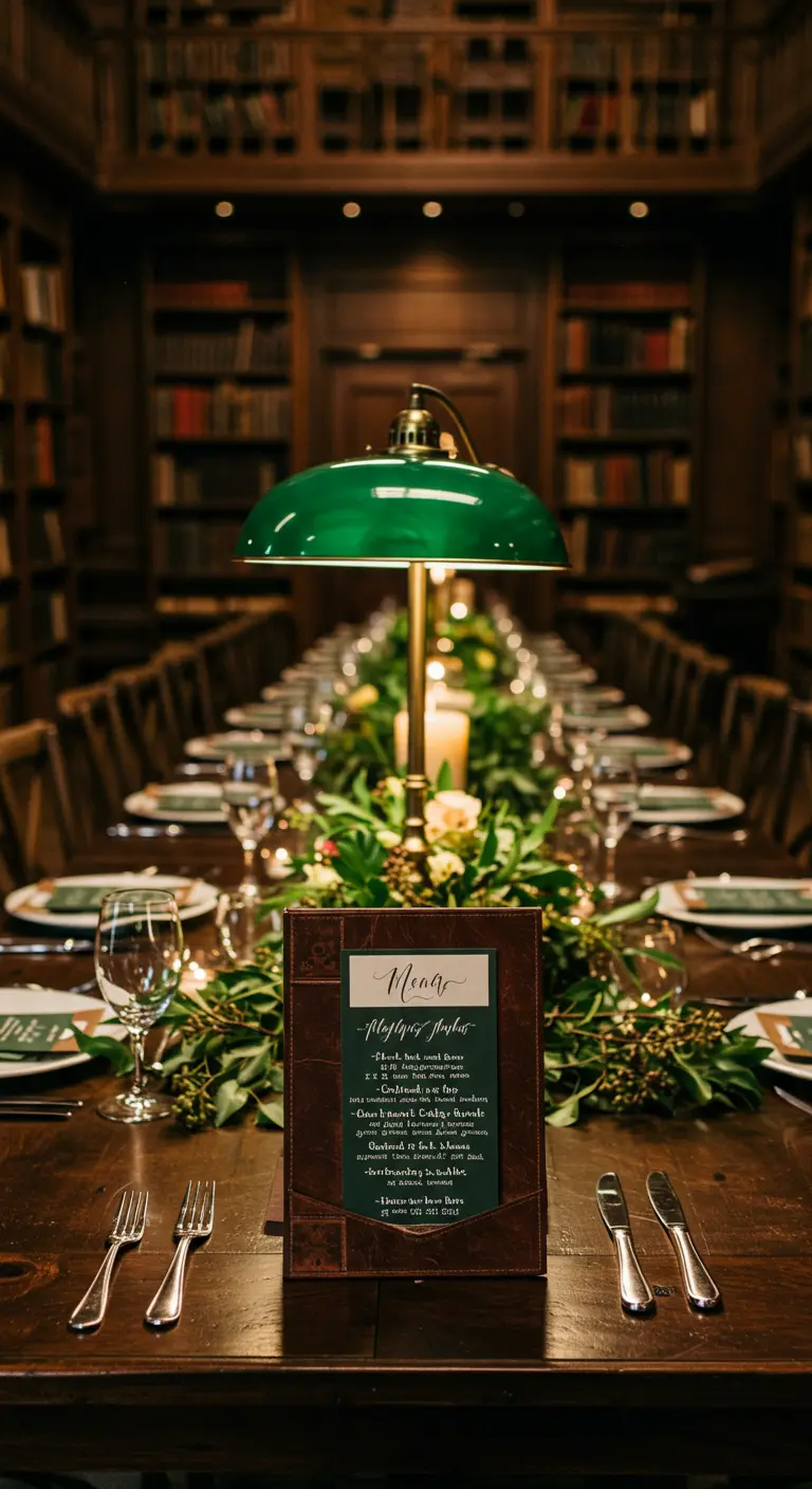 Lange dinertafel in bibliotheek met groene bankierslamp en menukaart in leren houder.