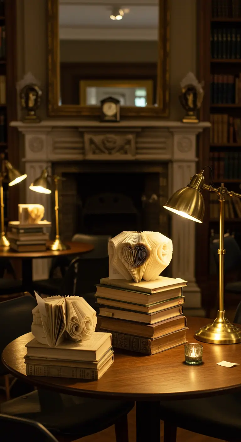 Gevouwen boekkunst in de vorm van een hart op een stapel boeken in een bibliotheek.