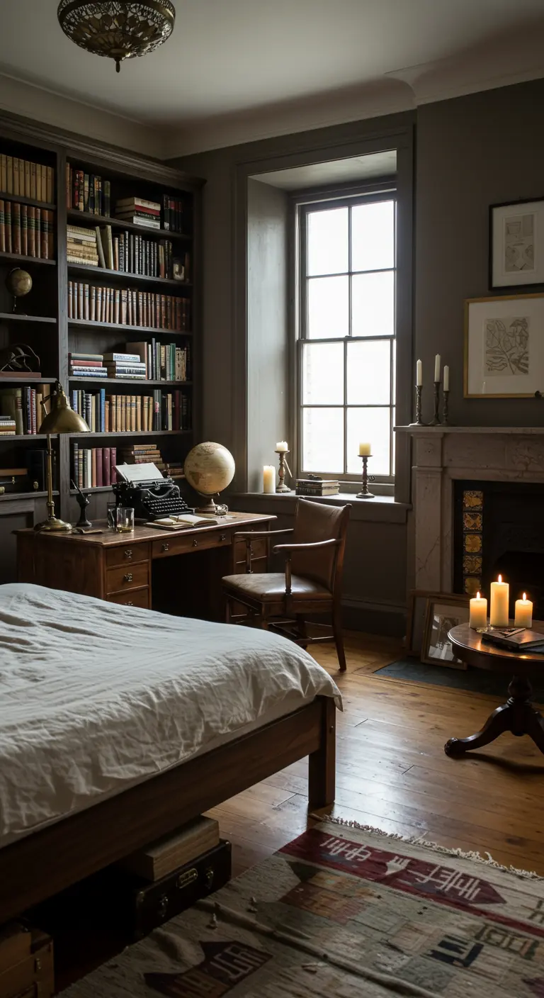 Slaapkamer met donkerhouten boekenkasten, bureau en sfeervolle kaarsen.