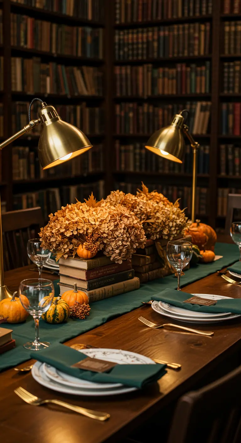 Herfsttafel in bibliotheek met boeken, gedroogde hortensia's en pompoenen.