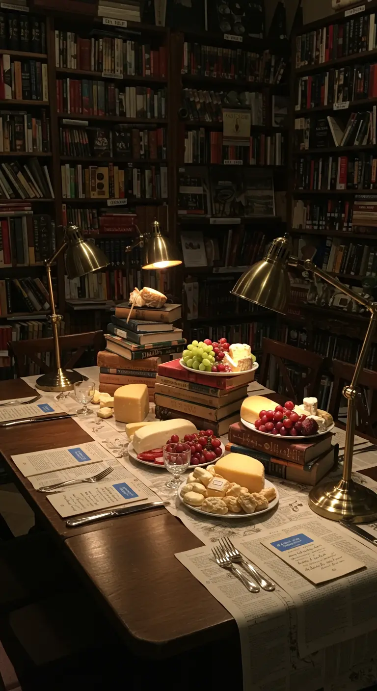 Kaas en druiven geserveerd op stapels boeken in een bibliotheeksetting.
