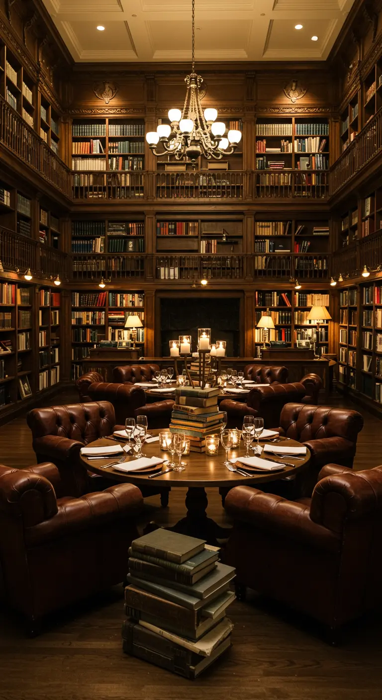 Receptie in een bibliotheek met leren chesterfield-fauteuils en boeken als tafeldecoratie.