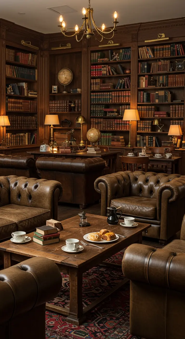 Klassieke bibliotheek met leren stoelen, koffie en boeken.