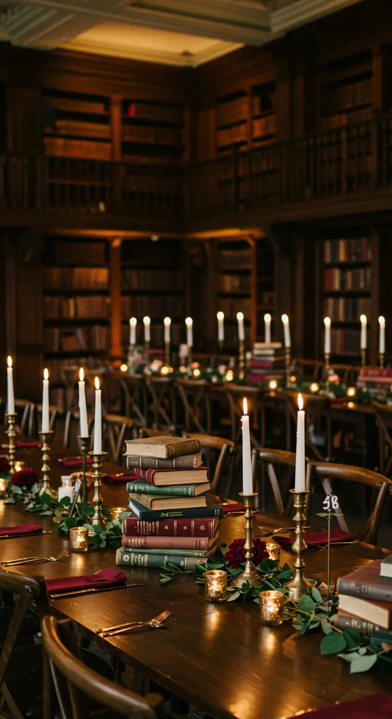 Dinertafel met stapels oude boeken, koperen kandelaars en eucalyptus als decoratie.