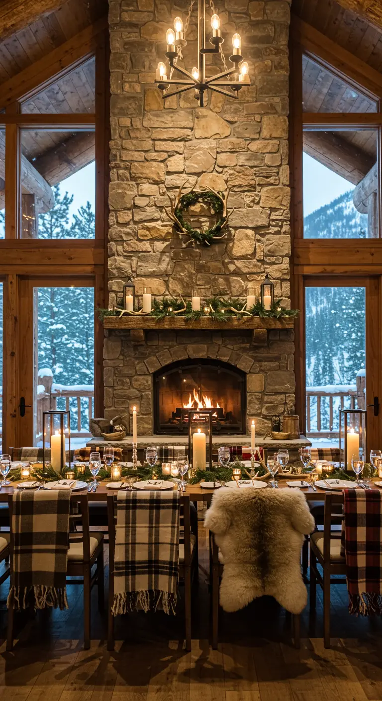 Winterse dinertafel voor een stenen haard met geruite plaids.