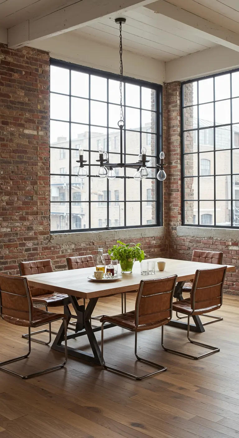 Industriële eetkamer met bakstenen muur, grote ramen, en een houten tafel met leren stoelen.
