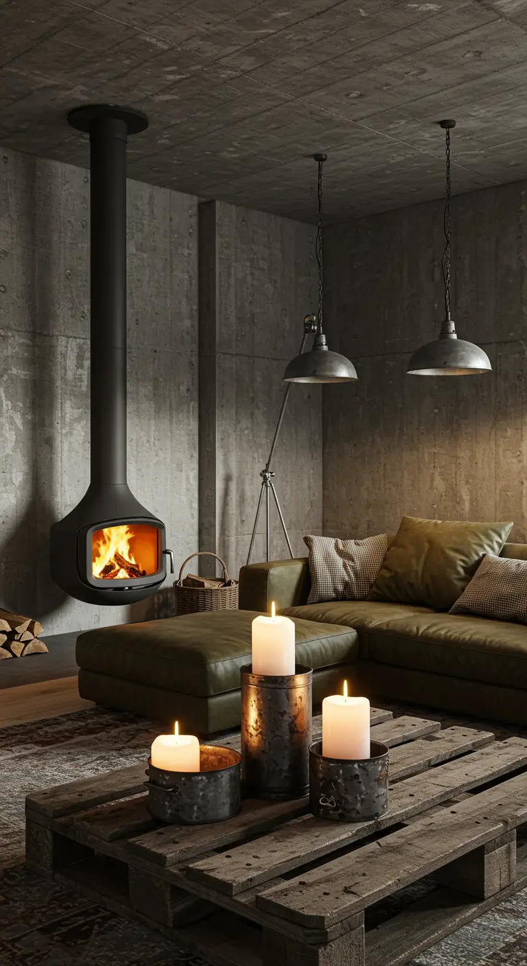 Industriële loft met betonnen muren, hangende haard, leren poef en grote kaarsen op pallet.