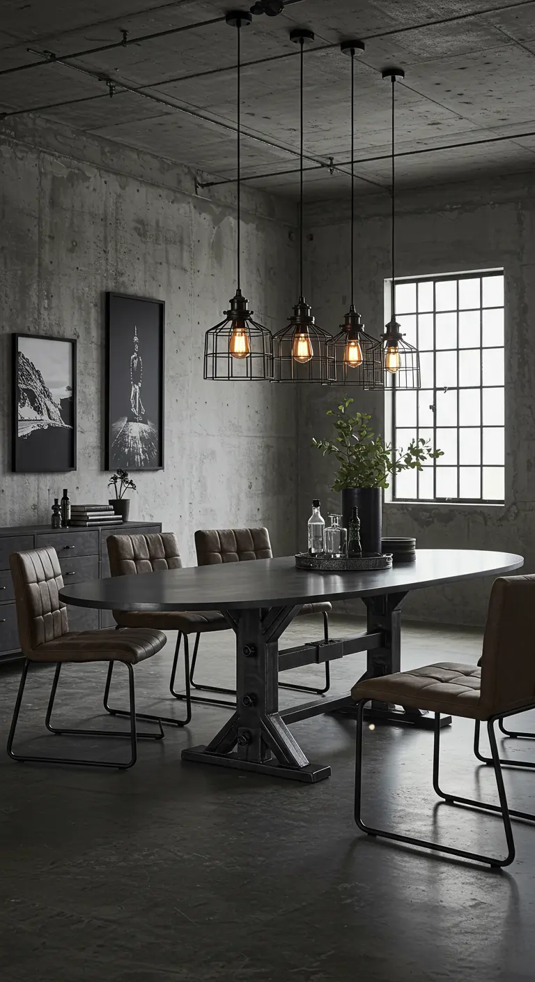 Industriële loft eetkamer met donkere ovale tafel, metalen stoelen en kooi hanglampen.