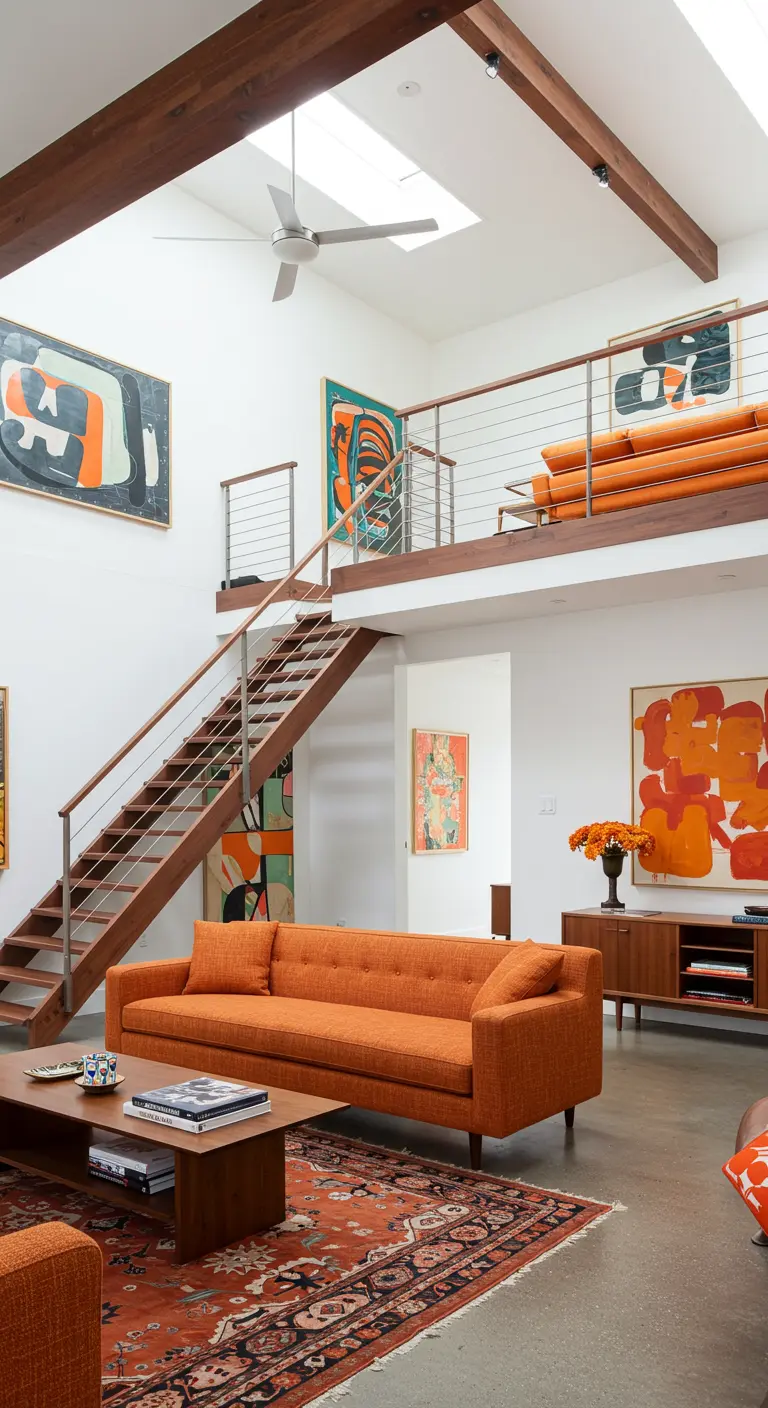 Open loft met oranje bank, houten trap, abstracte kunst en walnoot dressoir.