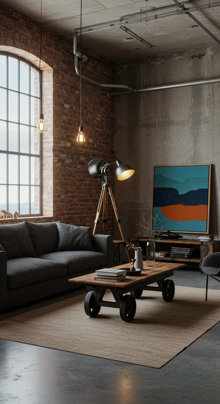 Industriële loft woonkamer met bakstenen muur, betonnen plafond, donkere bank en grote lampen.