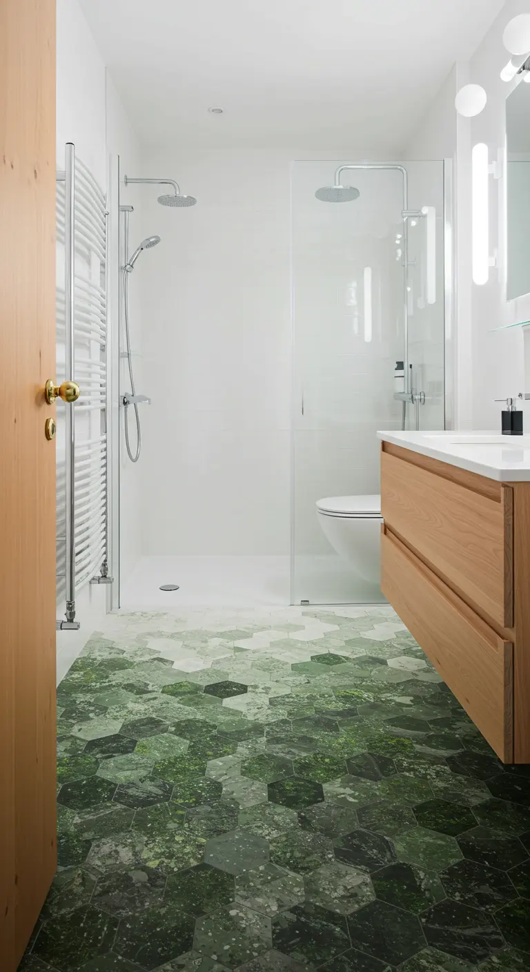 Badkamer met een vloer van groene, hexagonale tegels die op mos lijken.