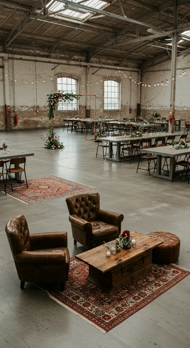 Loungehoek in een grote industriële hal, met leren fauteuils op een Perzisch tapijt.