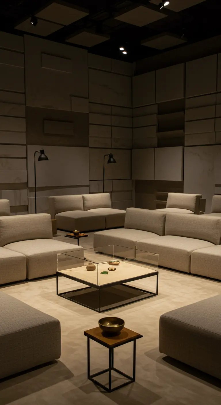 Moderne, minimalistische lounge met beige modulaire banken en akoestische wandpanelen.
