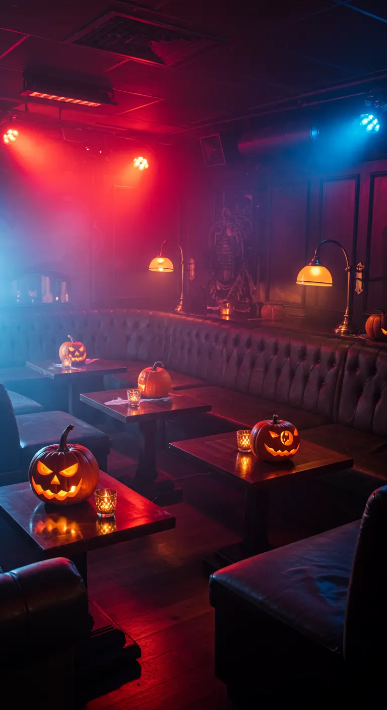 Loungebar met leren banken, gloeiende pompoenen, kaarsen en rode en blauwe spotverlichting.