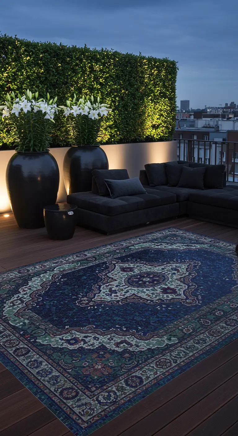 Luxe dakterras bij nacht met een zwarte loungeset, een Perzisch tapijt en uitgelichte planten.