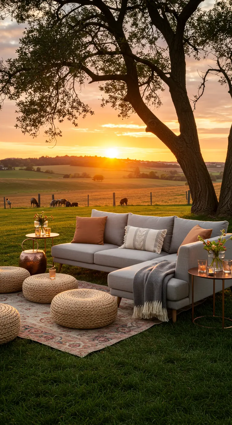 Moderne loungeset in een weiland met uitzicht op de zonsondergang.