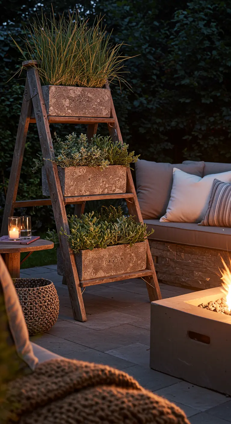 Houten A-frame ladder met betonnen plantenbakken naast een loungebank en een vuurtafel.